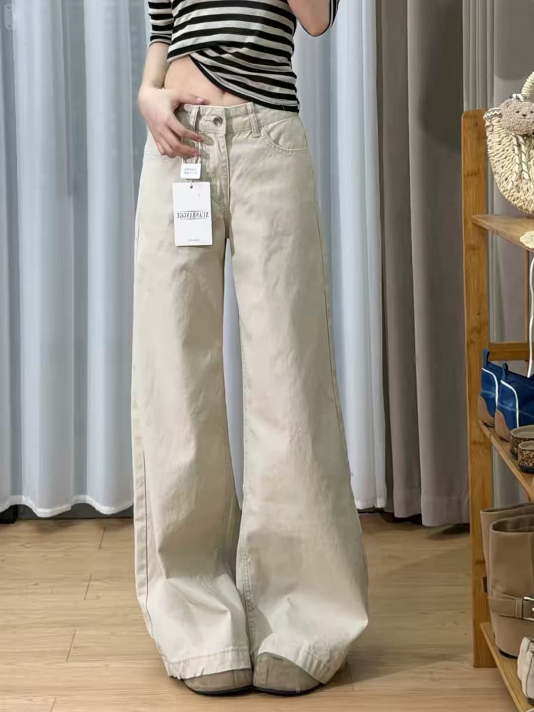 아메리칸 얕은 살구 색상 로우 웨이스트 넓은 다리 청바지 여성 가을 루즈핏 도루 센스 슬림해 보이는 다용도 스트레이트 바닥 청소 롱 바지 이미지 2