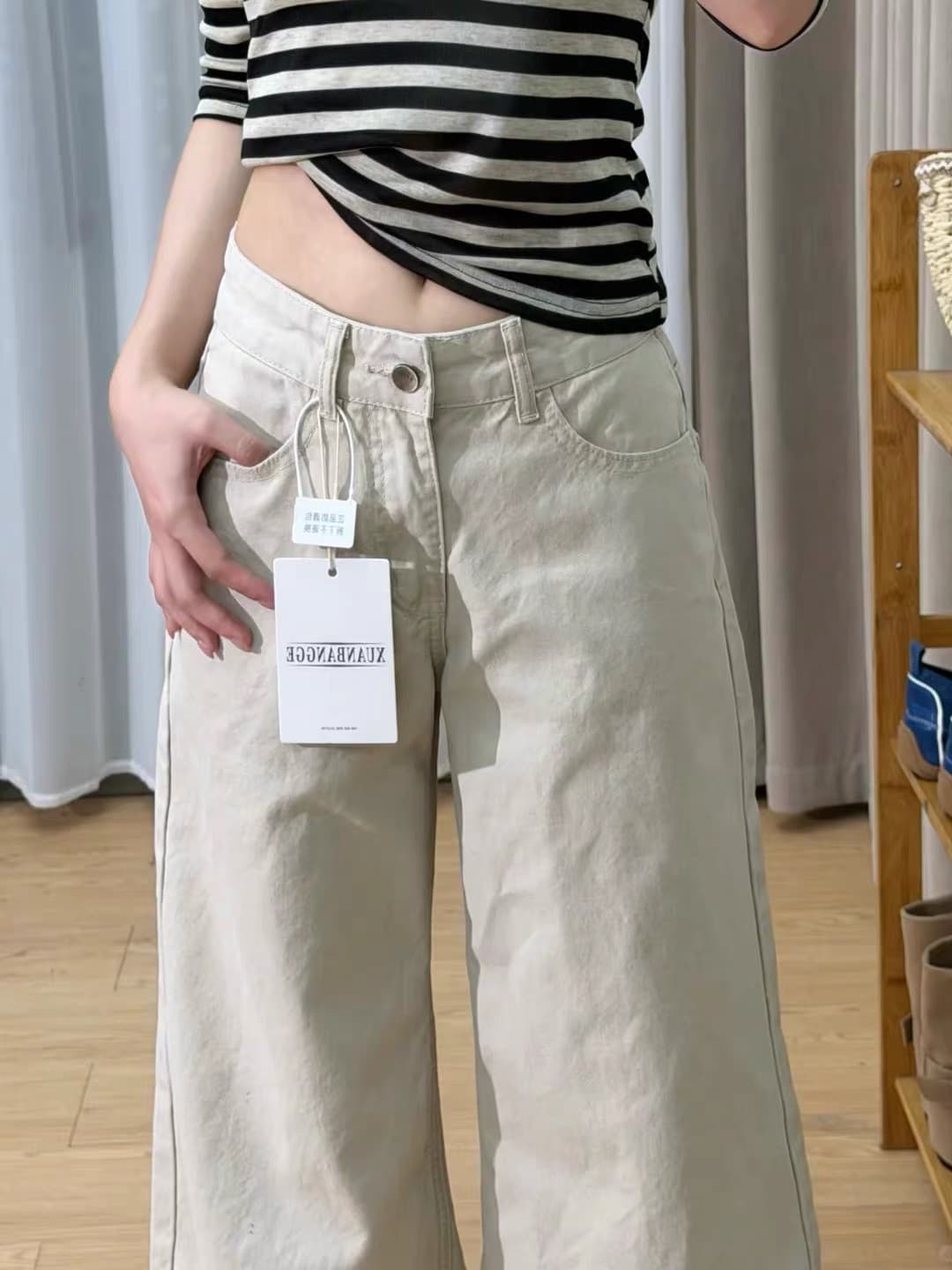 아메리칸 얕은 살구 색상 로우 웨이스트 넓은 다리 청바지 여성 가을 루즈핏 도루 센스 슬림해 보이는 다용도 스트레이트 바닥 청소 롱 바지 상세 이미지 6