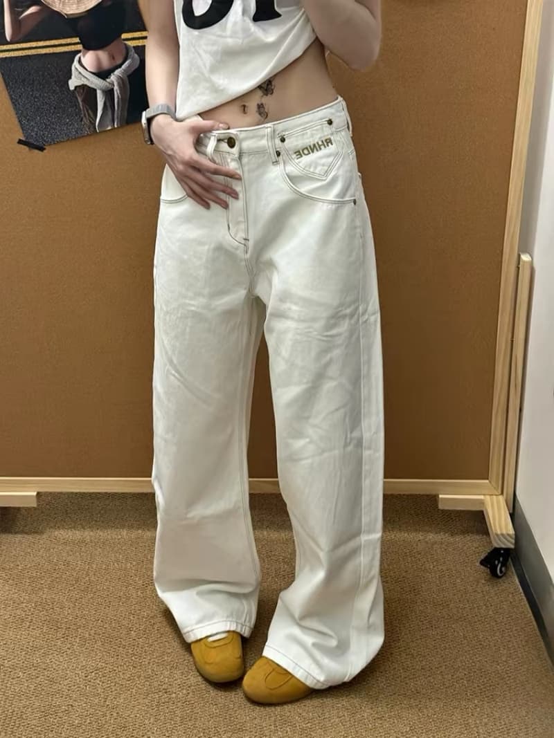 아메리칸 높음 거리 화이트 파리 버클 넓은 다리 청바지 여성 가을 의상 디자인 센스 루즈핏 슬림해 보이는 스트레이트 캐주얼 긴 바지 상세 이미지 4