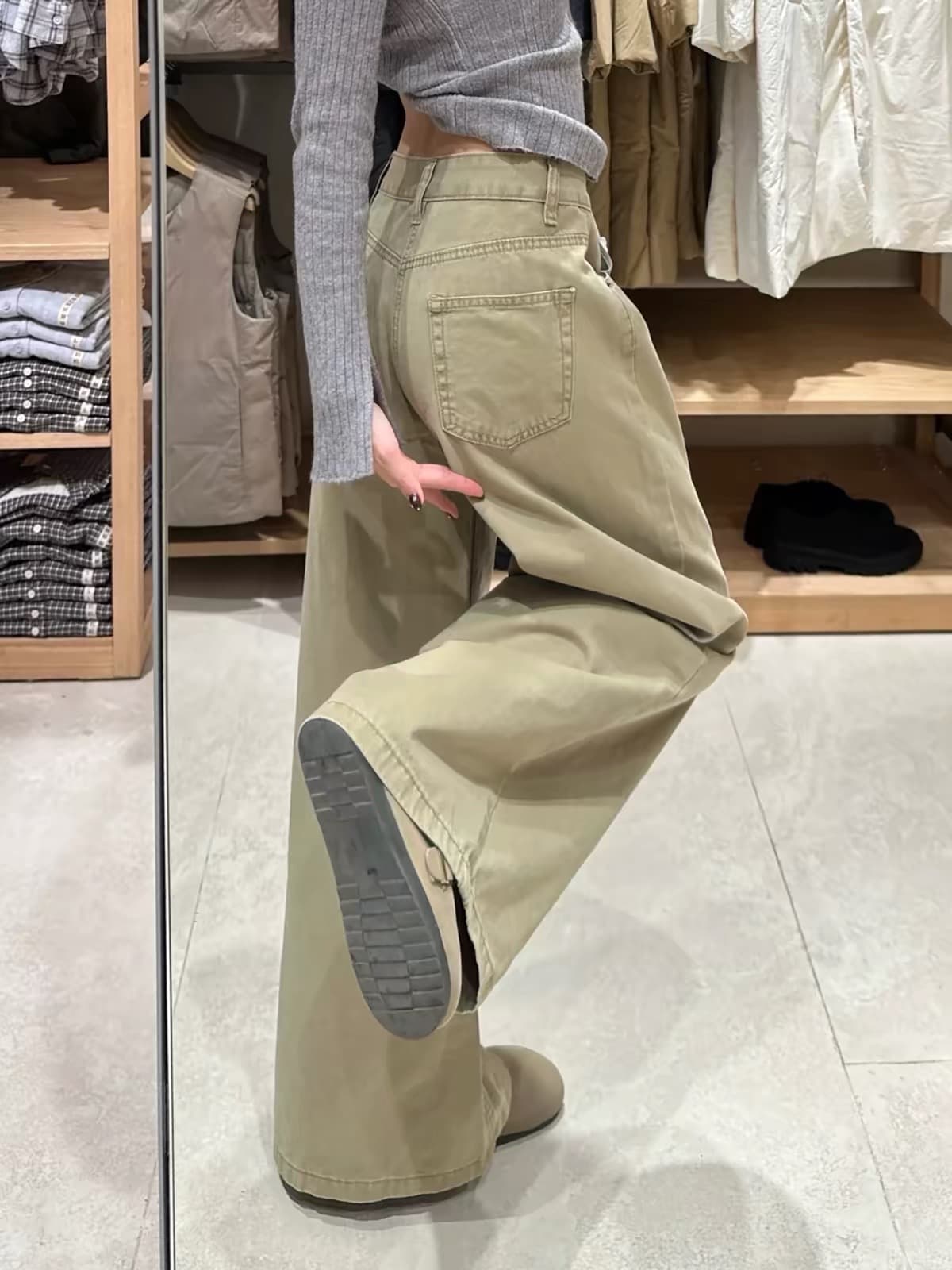 카키 색 넓은 다리 청바지 여성 키 큰 남자 가을 새로운 하이웨이스트 루즈핏 슬림해 보이는 캐주얼 바닥 청소 스트레이트 긴 바지 이미지 3