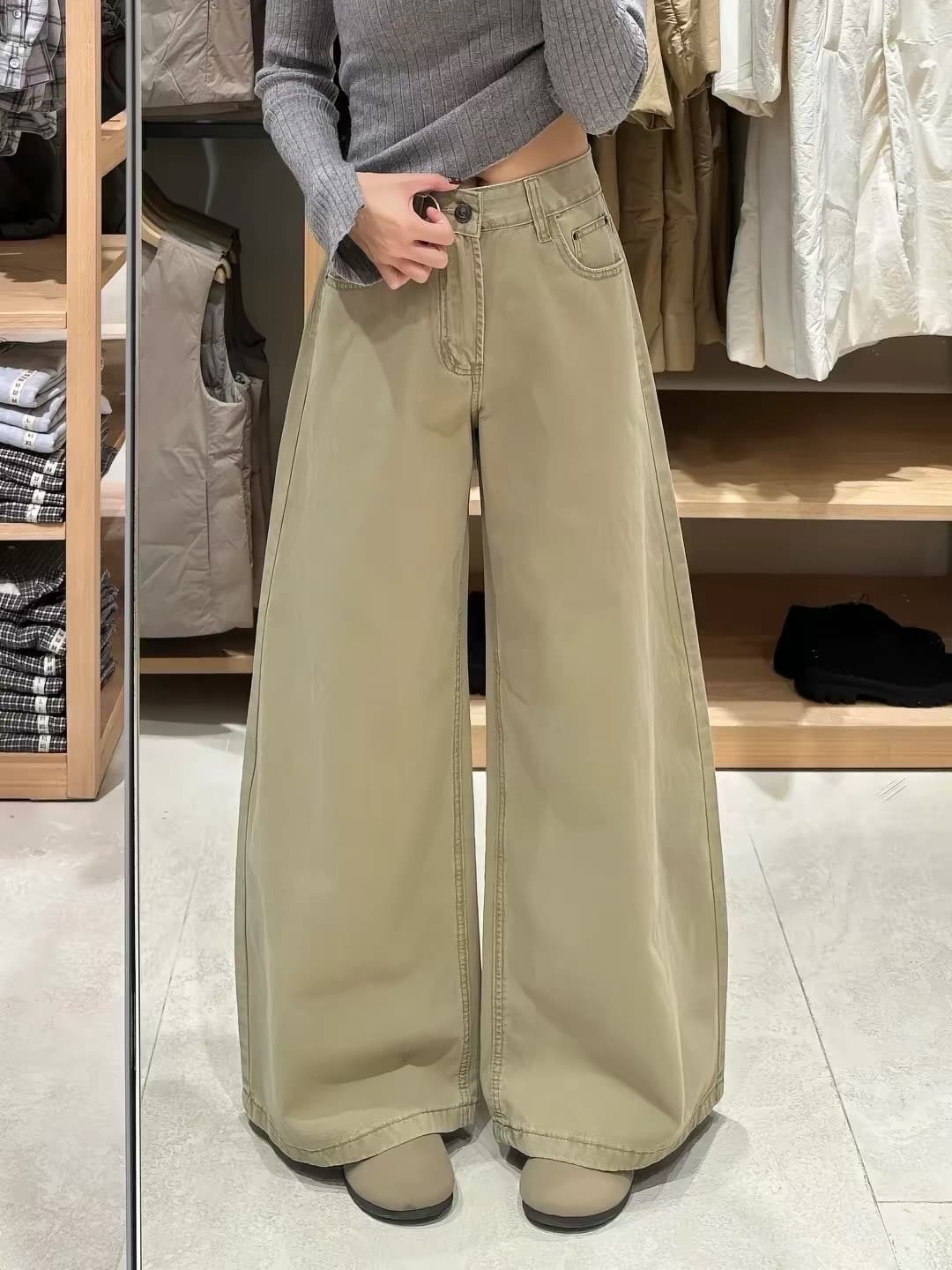 카키 색 넓은 다리 청바지 여성 키 큰 남자 가을 새로운 하이웨이스트 루즈핏 슬림해 보이는 캐주얼 바닥 청소 스트레이트 긴 바지
