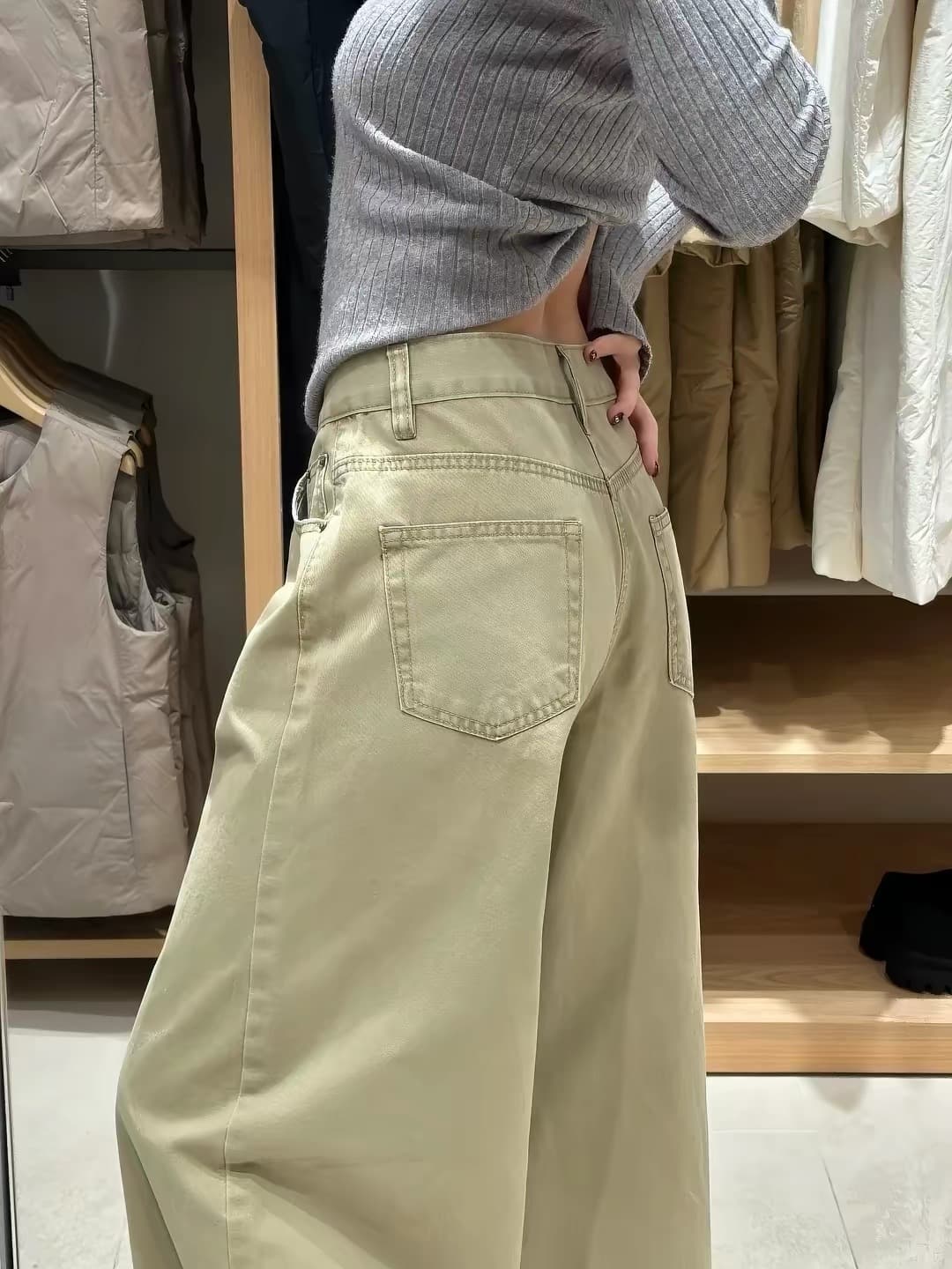 카키 색 넓은 다리 청바지 여성 키 큰 남자 가을 새로운 하이웨이스트 루즈핏 슬림해 보이는 캐주얼 바닥 청소 스트레이트 긴 바지 이미지 2