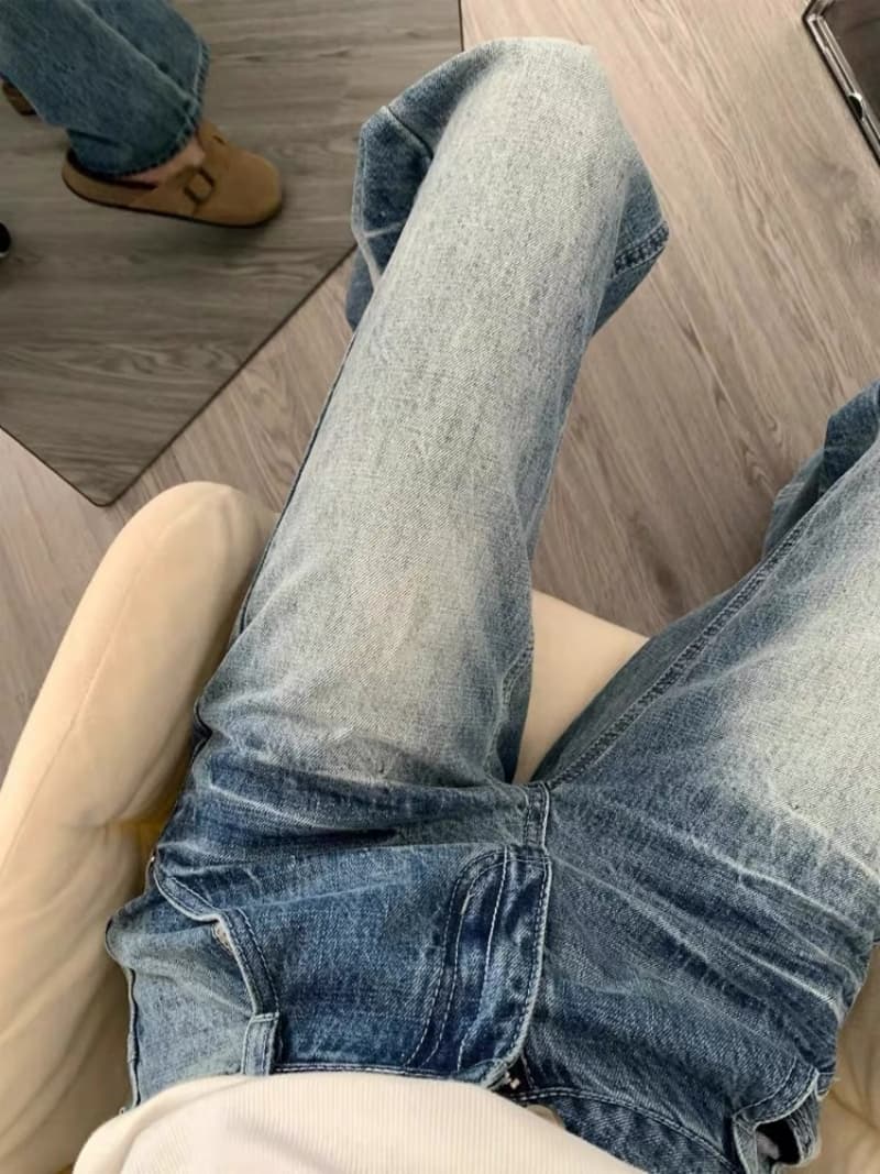 아메리칸 워싱 주름 로우 웨이스트 부츠컷 청바지 여성 봄 가을 새로운 균열 스트레이트 루즈핏 슬림해 보이는 넓은 다리 길이 바지 이미지 3
