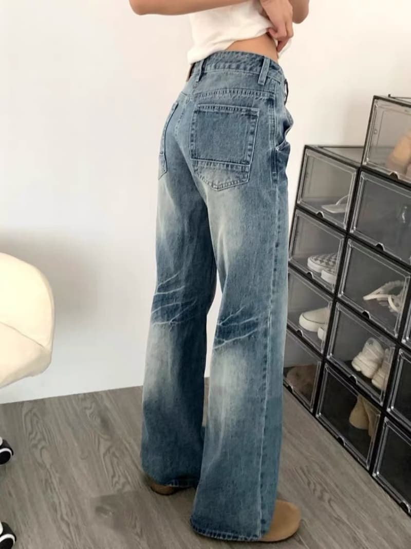 아메리칸 워싱 주름 로우 웨이스트 부츠컷 청바지 여성 봄 가을 새로운 균열 스트레이트 루즈핏 슬림해 보이는 넓은 다리 길이 바지 상세 이미지 6