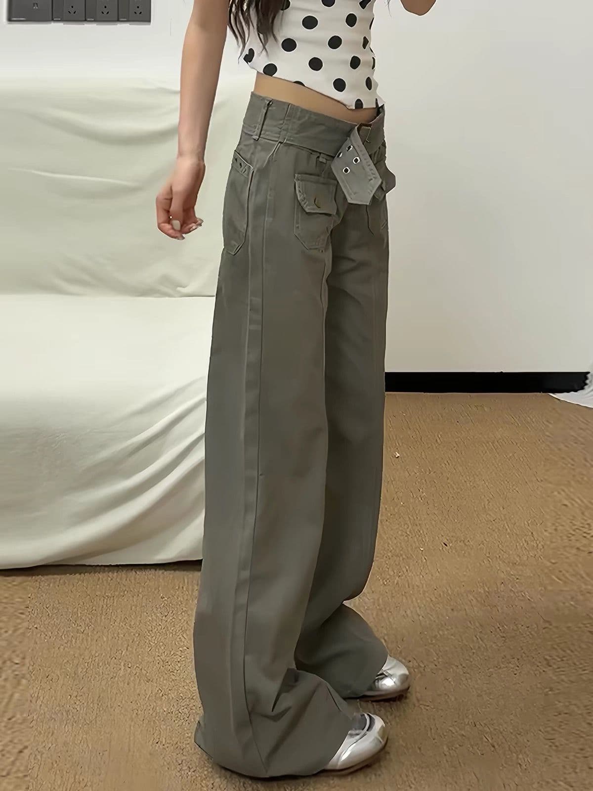 아메리칸 핫걸 회색 기능 바람 워크웨어 팬츠 아이들 가을 의상 얇은 스타일 레트로 작은 대중 디자인 센스 스트레이트 바닥 청소 바지 이미지 3