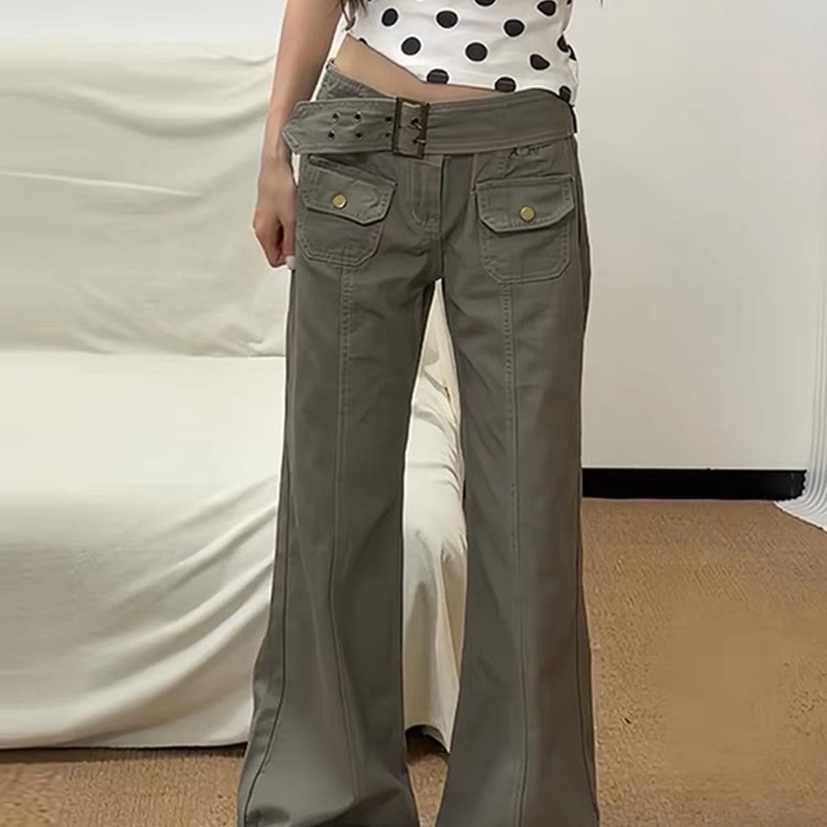 아메리칸 핫걸 회색 기능 바람 워크웨어 팬츠 아이들 가을 의상 얇은 스타일 레트로 작은 대중 디자인 센스 스트레이트 바닥 청소 바지 이미지 5