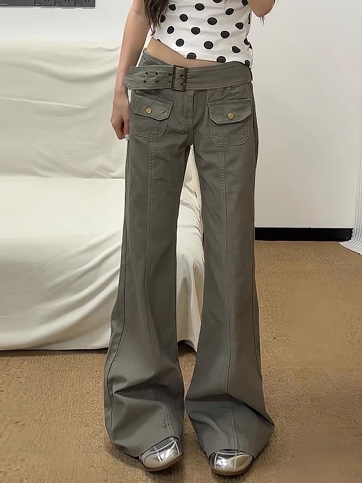 아메리칸 핫걸 회색 기능 바람 워크웨어 팬츠 아이들 가을 의상 얇은 스타일 레트로 작은 대중 디자인 센스 스트레이트 바닥 청소 바지 상세 이미지 2