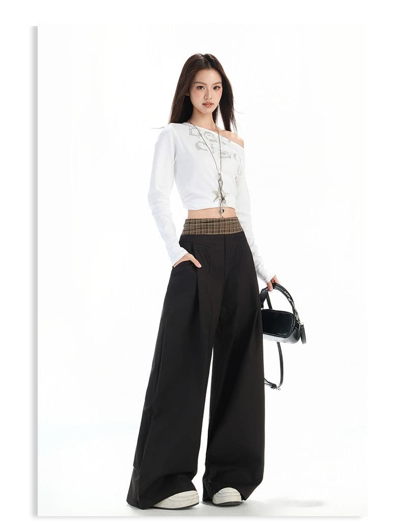 체크무늬 패치워크 하이웨이스트 디자인 센스 넓은 다리 캐주얼 바지 여성 봄 가을 레트로 새로운 루즈핏 다용도 도루 센스 스트레이트 팬츠 상세 이미지 7