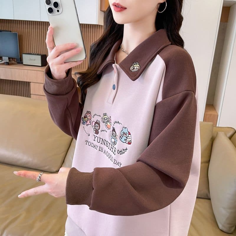 실사 2026 가을 의상 한국 스타일 루즈핏 자수 싸움 플러그 색상 후아 면 후드티 여성 이미지 3