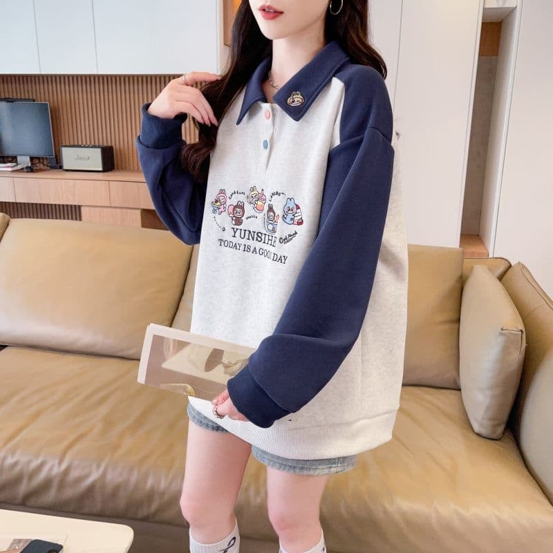 실사 2026 가을 의상 한국 스타일 루즈핏 자수 싸움 플러그 색상 후아 면 후드티 여성 상세 이미지 3