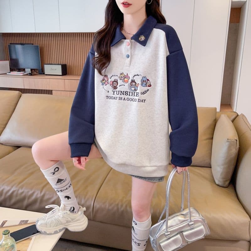 실사 2026 가을 의상 한국 스타일 루즈핏 자수 싸움 플러그 색상 후아 면 후드티 여성 상세 이미지 4