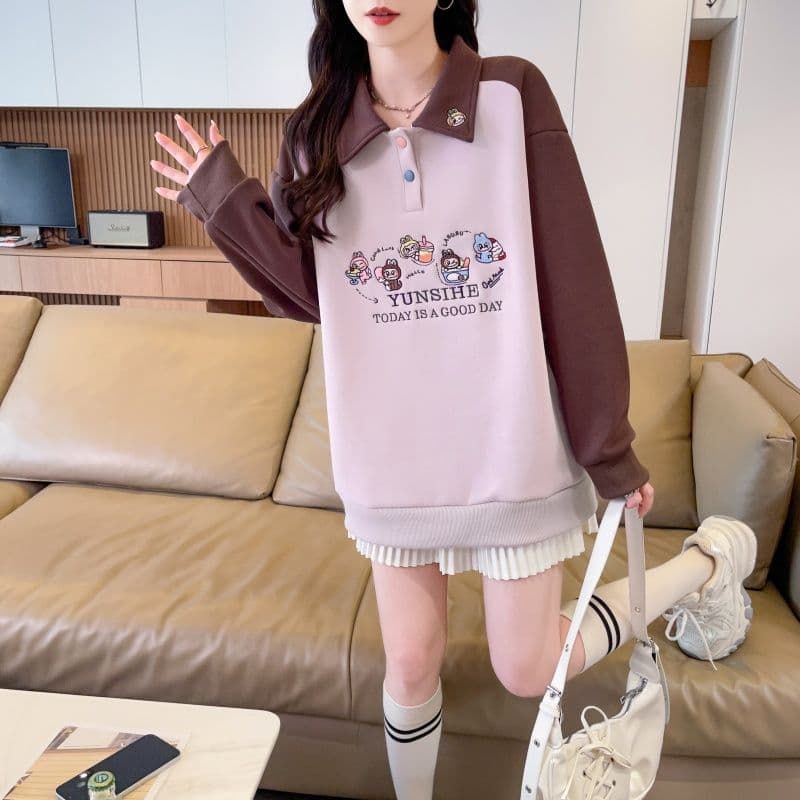 실사 2026 가을 의상 한국 스타일 루즈핏 자수 싸움 플러그 색상 후아 면 후드티 여성 상세 이미지 8