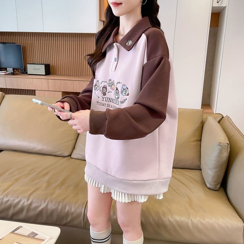 실사 2026 가을 의상 한국 스타일 루즈핏 자수 싸움 플러그 색상 후아 면 후드티 여성 상세 이미지 9