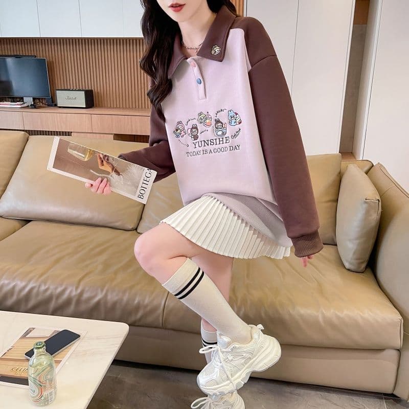 실사 2026 가을 의상 한국 스타일 루즈핏 자수 싸움 플러그 색상 후아 면 후드티 여성 상세 이미지 11