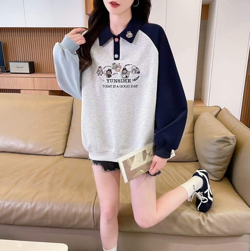 실사 2026 가을 의상 한국 스타일 루즈핏 자수 싸움 플러그 색상 맨위 후아 면 후드티 여성 상세 이미지 3