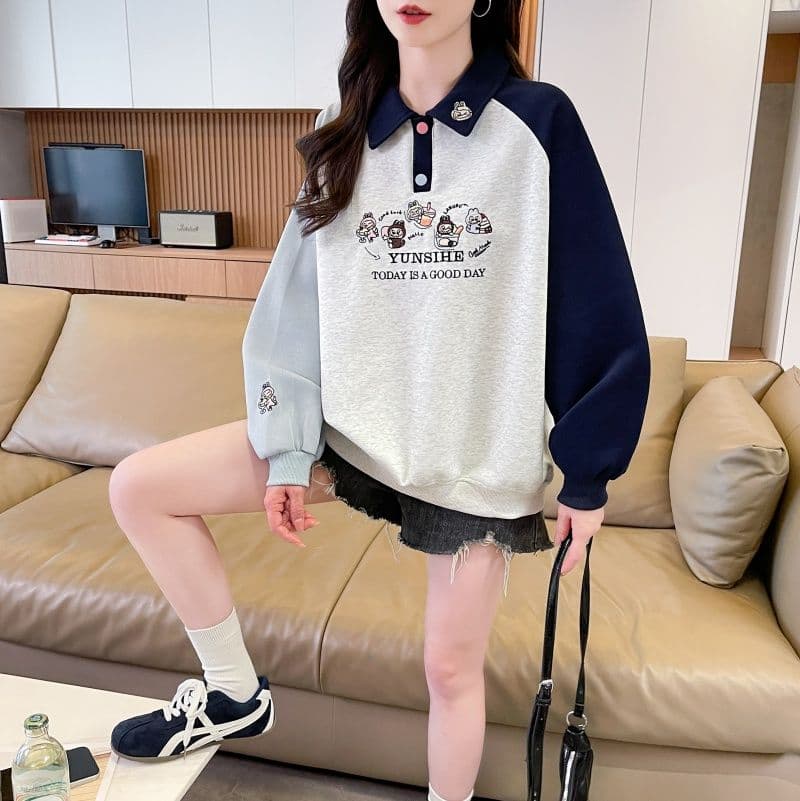 실사 2026 가을 의상 한국 스타일 루즈핏 자수 싸움 플러그 색상 맨위 후아 면 후드티 여성 상세 이미지 4