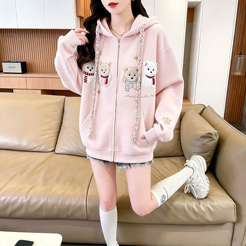 실사 2026 가을 겨울 한국 스타일 루즈핏 자수 지퍼 후아 면 후드티 여성 재킷 맨위 상세 이미지 5