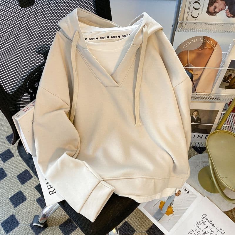 실사 2026 가을 의상 후아 면 복잡한 우유 실크 빅 사이즈 페이크 레이어드 이중층 후드 얇은 스타일 후드티 여성 상세 이미지 11
