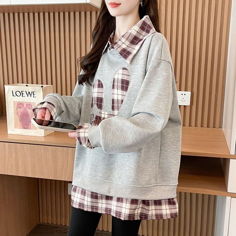 실사 2026 겨울 의류 후아 면 복잡한 벨벳 빅 사이즈 자수 털이 있고 두꺼운 체크무늬 후드티 여성 상세 이미지 8