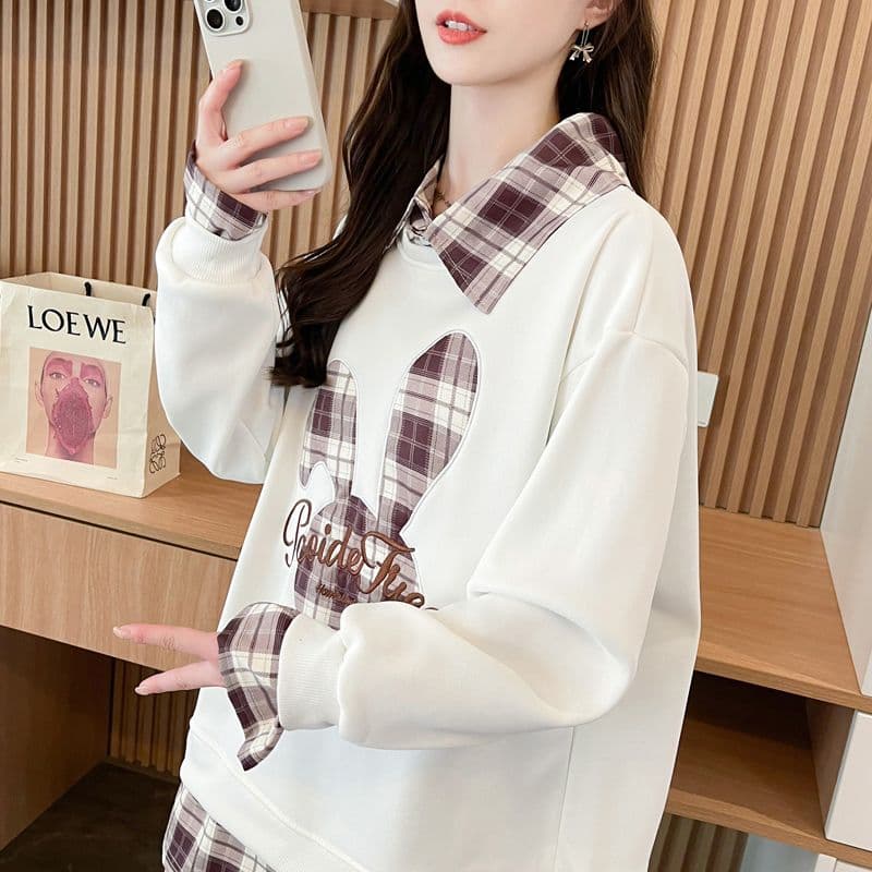 실사 2026 겨울 의류 후아 면 복잡한 벨벳 빅 사이즈 자수 털이 있고 두꺼운 체크무늬 후드티 여성 상세 이미지 26