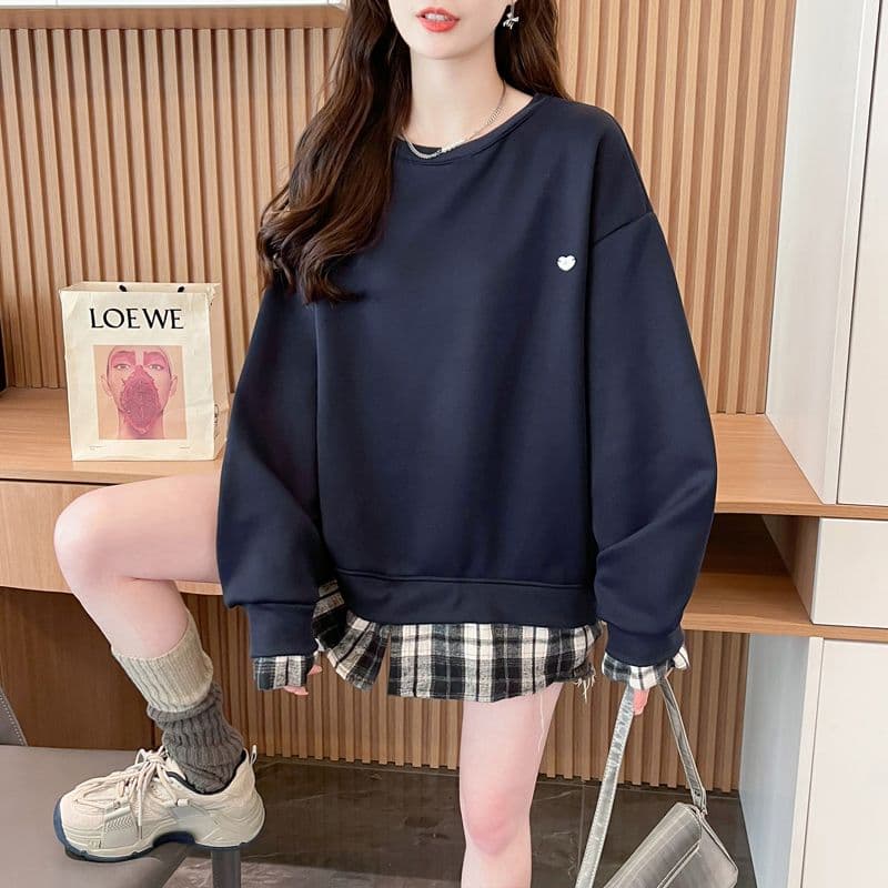 실사 2026 겨울 의류 후아 면 복잡한 벨벳 빅 사이즈 털이 있고 두꺼운 페이크 레이어드 체크무늬 후드티 여성