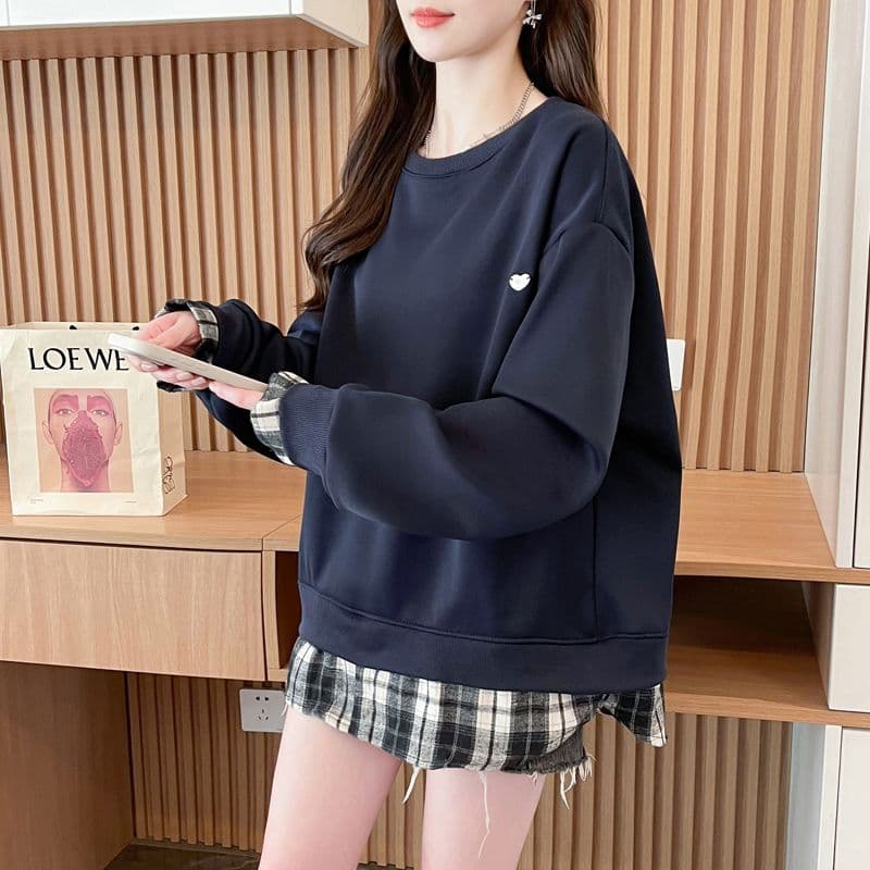 실사 2026 겨울 의류 후아 면 복잡한 벨벳 빅 사이즈 털이 있고 두꺼운 페이크 레이어드 체크무늬 후드티 여성 이미지 3