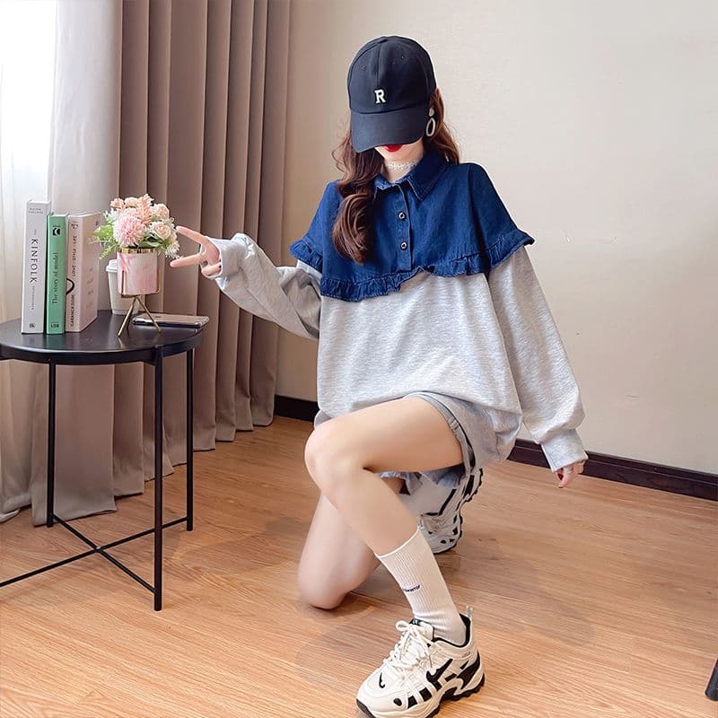 실사 2026 겨울 의류 후아 면 복합 슈퍼 부드러운 380 그램 패치워크 데님 털이 있고 두꺼운 후드티 여성 상세 이미지 10