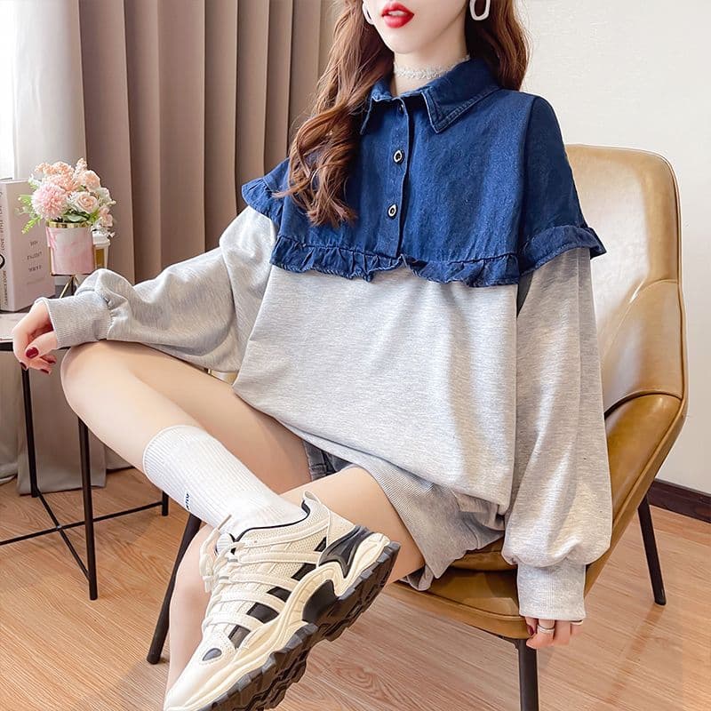 실사 2026 겨울 의류 후아 면 복합 슈퍼 부드러운 380 그램 패치워크 데님 털이 있고 두꺼운 후드티 여성 상세 이미지 14