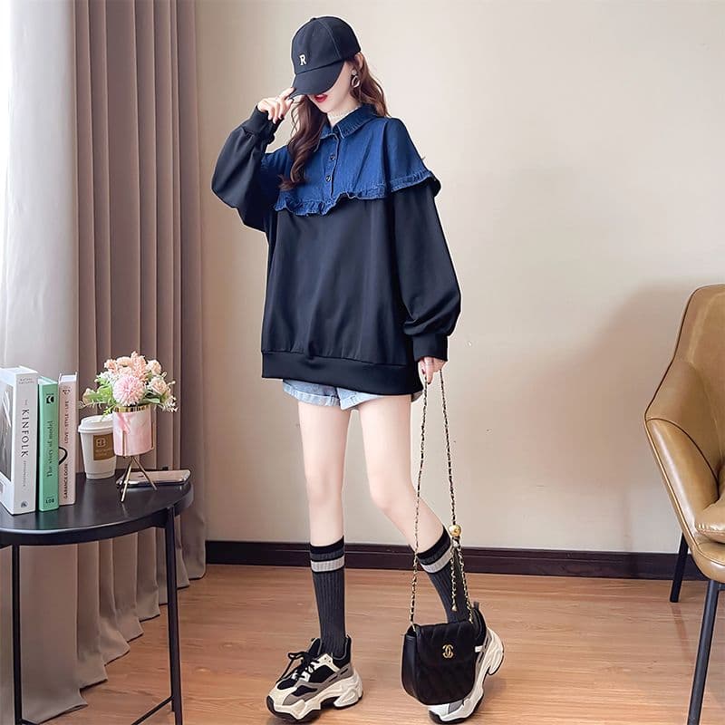 실사 2026 겨울 의류 후아 면 복합 슈퍼 부드러운 380 그램 패치워크 데님 털이 있고 두꺼운 후드티 여성 상세 이미지 16