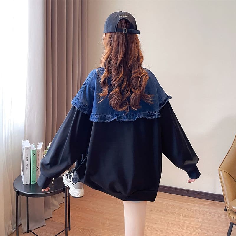 실사 2026 겨울 의류 후아 면 복합 슈퍼 부드러운 380 그램 패치워크 데님 털이 있고 두꺼운 후드티 여성 상세 이미지 21