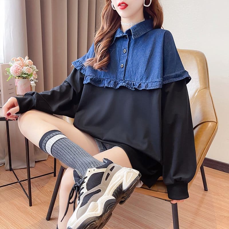 실사 2026 겨울 의류 후아 면 복합 슈퍼 부드러운 380 그램 패치워크 데님 털이 있고 두꺼운 후드티 여성 상세 이미지 22