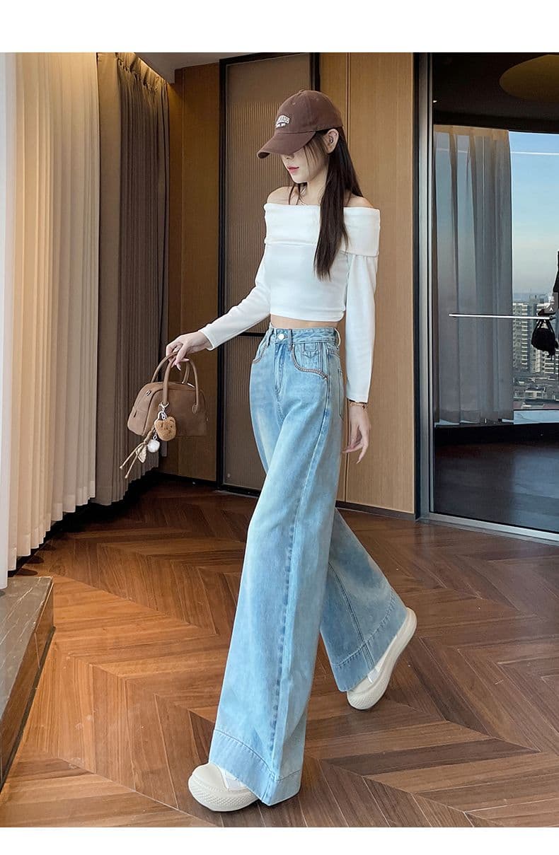 아메리칸 이른 봄 새로운 캐주얼 루즈핏 넓은 다리 청바지 여성 상세 이미지 15