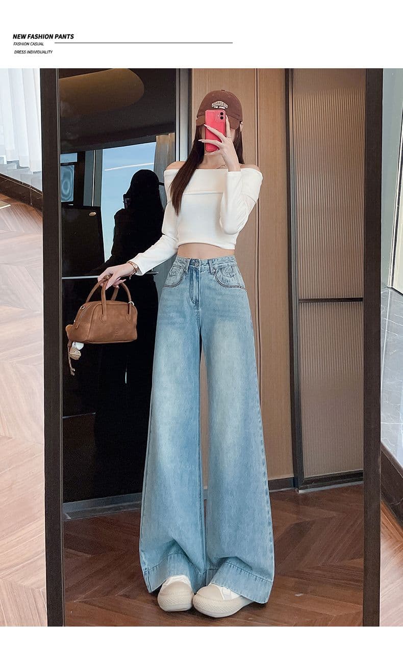 아메리칸 이른 봄 새로운 캐주얼 루즈핏 넓은 다리 청바지 여성 상세 이미지 17