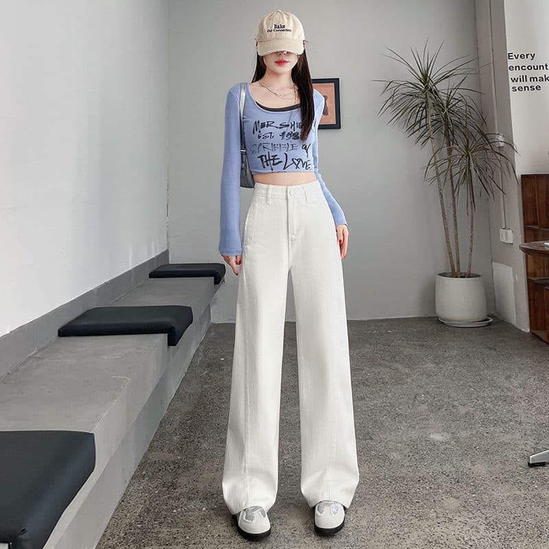 이른 봄 새로운 캐주얼 루즈핏 넓은 다리 화이트 청바지 여성 이미지 2