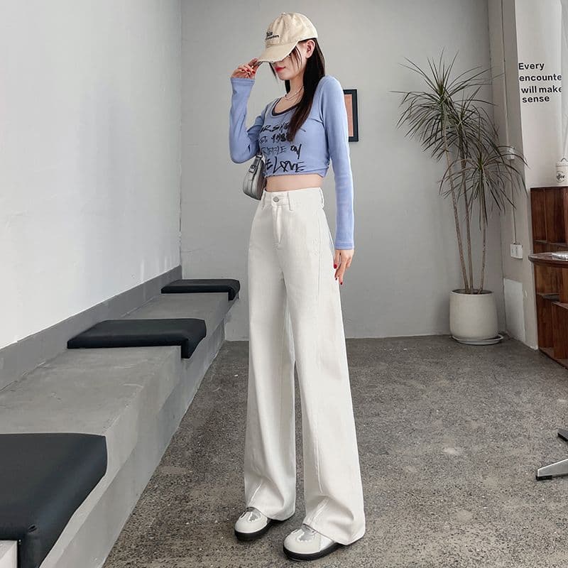 이른 봄 새로운 캐주얼 루즈핏 넓은 다리 화이트 청바지 여성 이미지 4