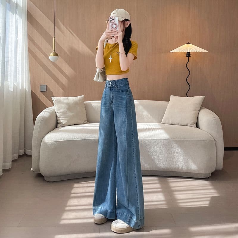 아메리칸 이른 봄 새로운 단 닝 블루 캐주얼 넓은 다리 청바지 여성 이미지 4