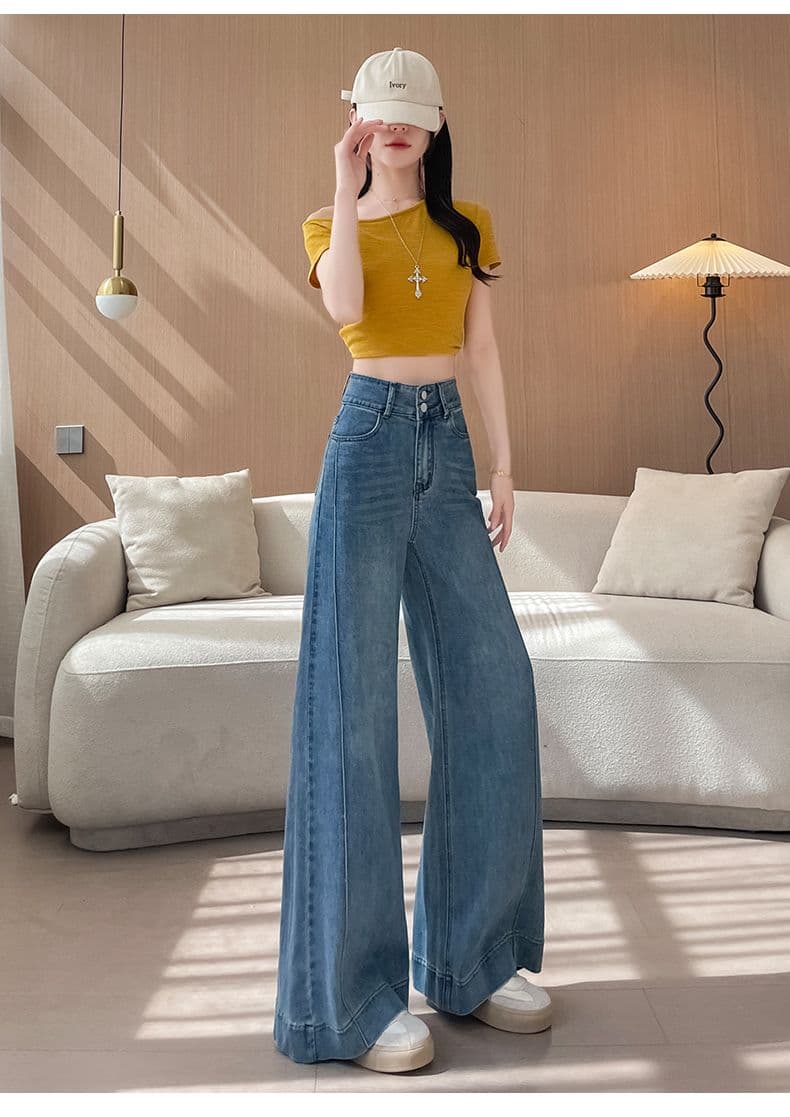 아메리칸 이른 봄 새로운 단 닝 블루 캐주얼 넓은 다리 청바지 여성 상세 이미지 18