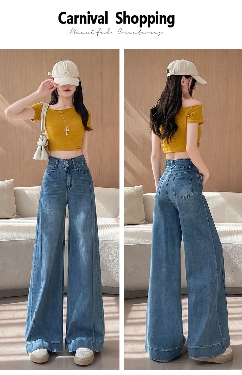 아메리칸 이른 봄 새로운 단 닝 블루 캐주얼 넓은 다리 청바지 여성 상세 이미지 19