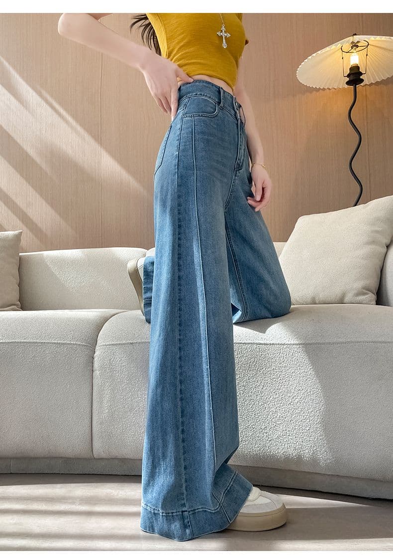 아메리칸 이른 봄 새로운 단 닝 블루 캐주얼 넓은 다리 청바지 여성 상세 이미지 20