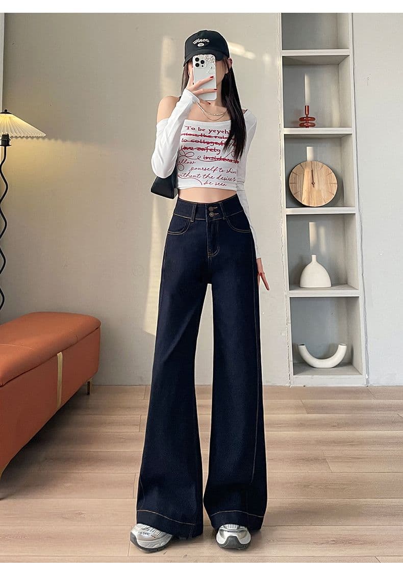아메리칸 이른 봄 새로운 단 닝 블루 캐주얼 넓은 다리 청바지 여성 상세 이미지 25