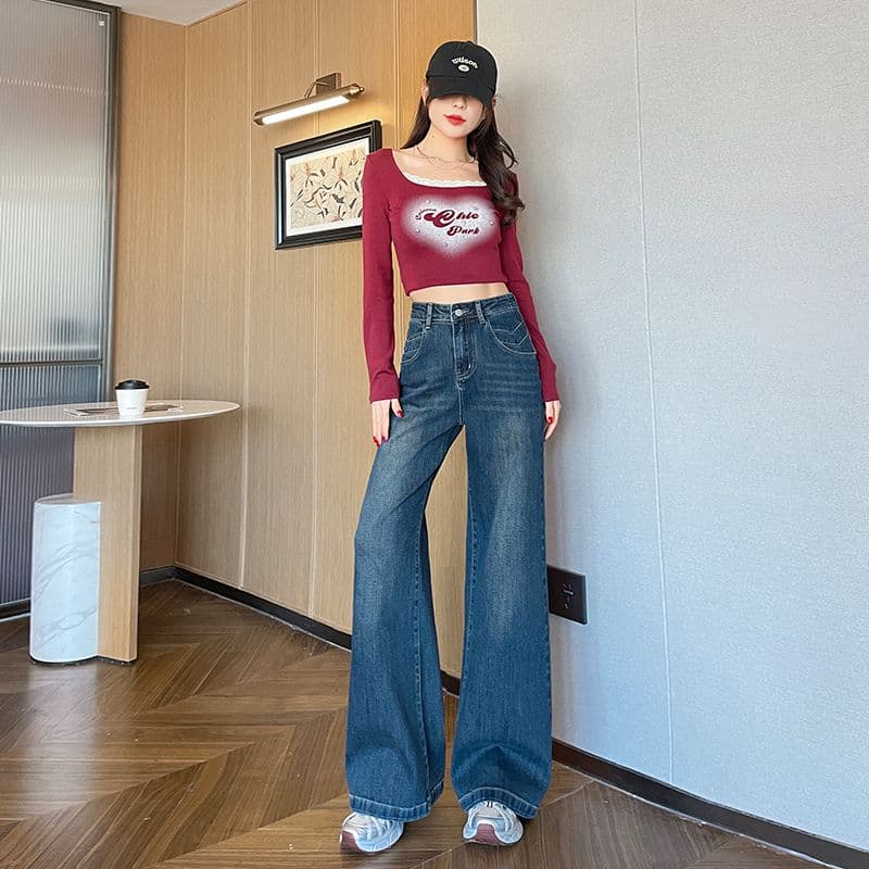 아메리칸 노스탤지어 이른 봄 새로운 캐주얼 루즈핏 넓은 다리 청바지 여성 이미지 2