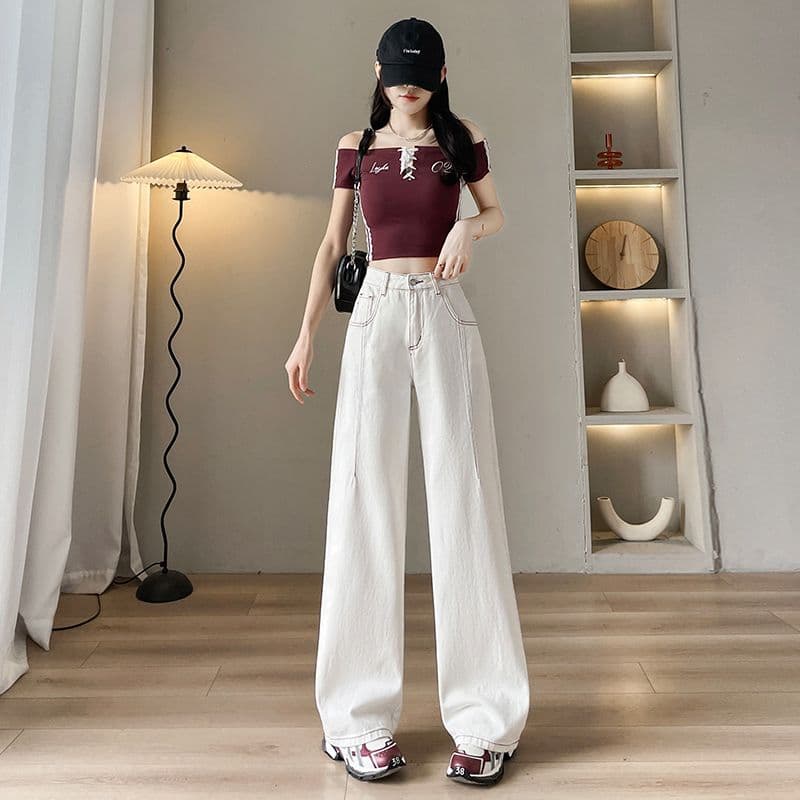 아메리칸 이른 봄 새로운 캐주얼 넓은 다리 스트레이트 청바지 여성 이미지 2