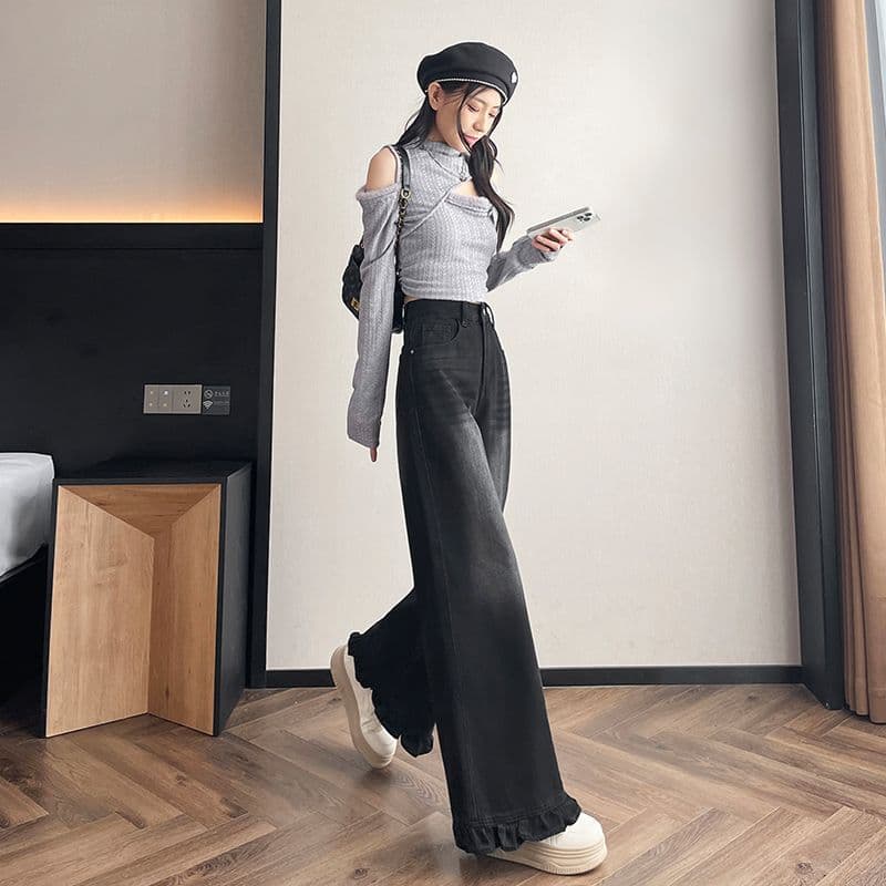 노스탤지어 이른 봄 새로운 캐주얼 넓은 다리 루즈핏 패션 청바지 여성 이미지 5