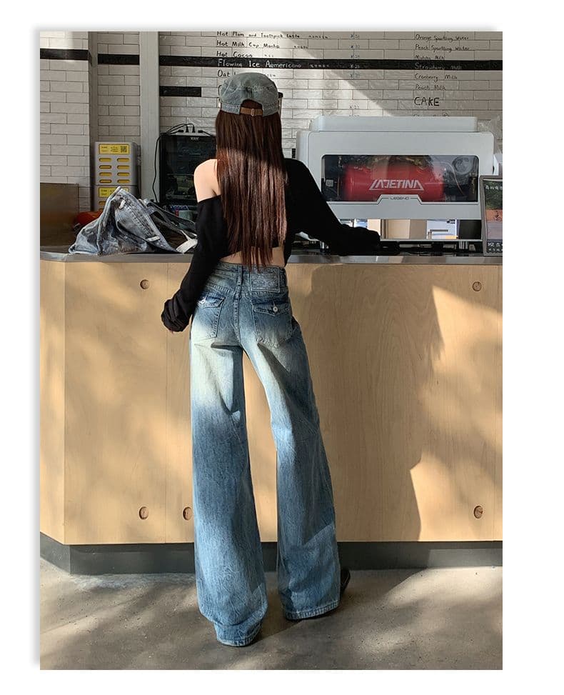 2026 새로운 품질 인터넷 유명인 같은 단락 무거운 작업 꽃꽂이 워싱 공예 자수 허리 카드 루즈핏 넓은 다리 청바지 여성 상세 이미지 23
