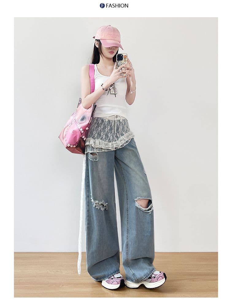 패치워크 레이스 앞치마 고급 센스 찢어진 부분 청바지 여성 여름 새로운 디자인 센스 하이웨이스트 찢어진 부분 랩스커트팬츠 바지 상세 이미지 7