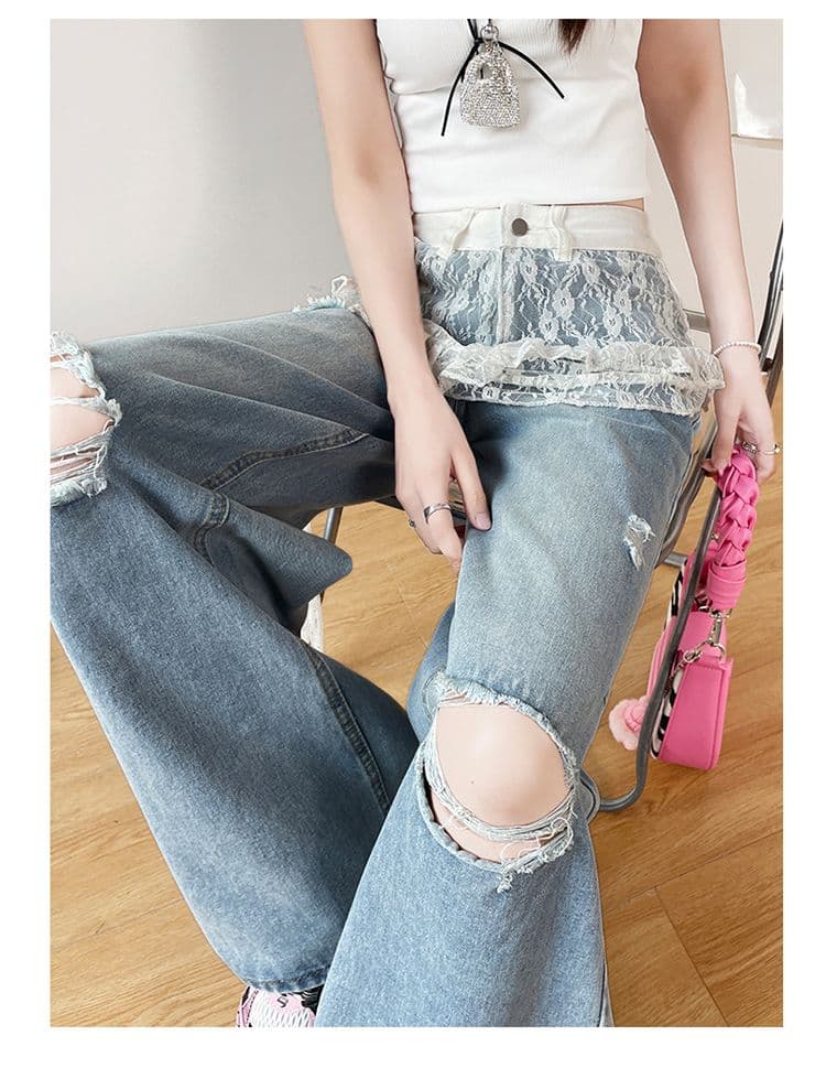 패치워크 레이스 앞치마 고급 센스 찢어진 부분 청바지 여성 여름 새로운 디자인 센스 하이웨이스트 찢어진 부분 랩스커트팬츠 바지 상세 이미지 19