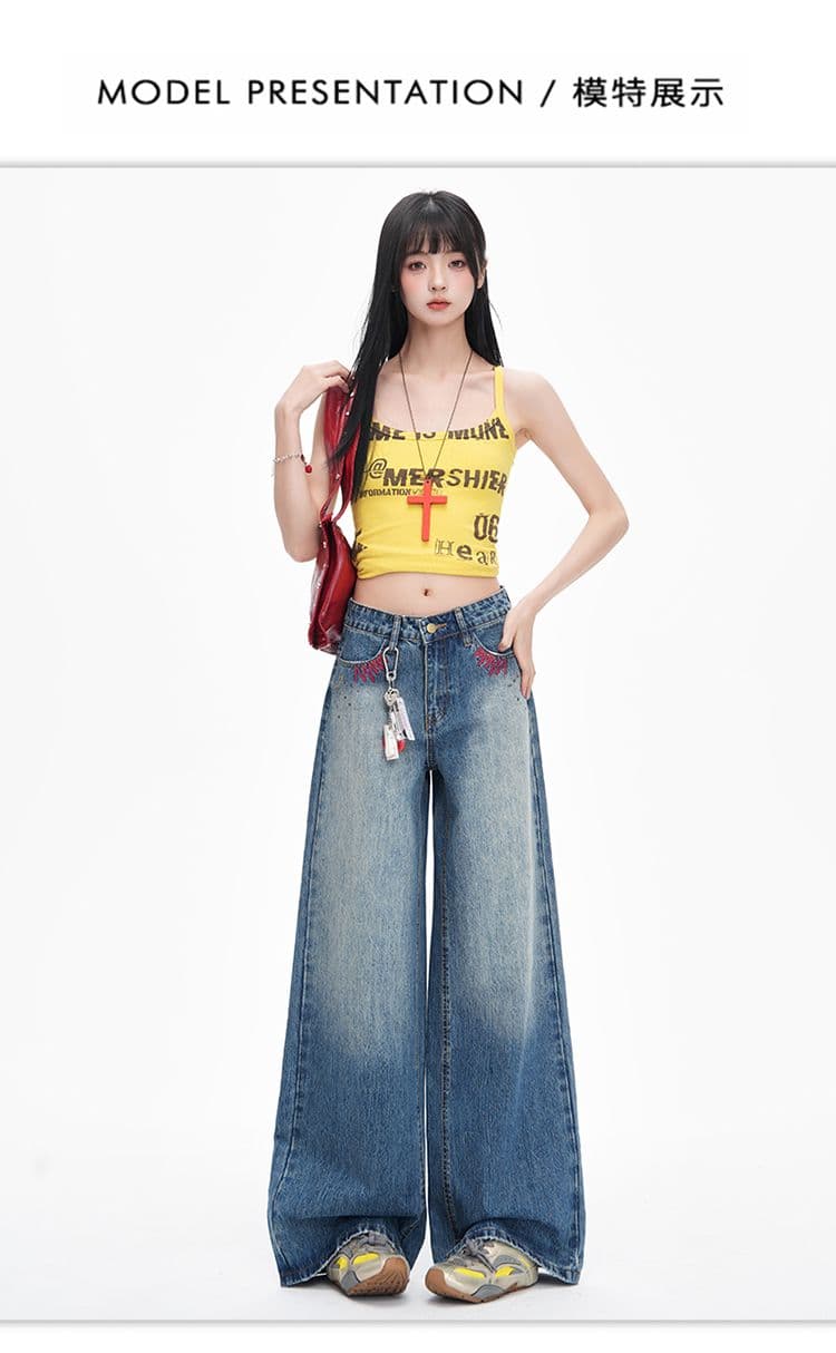 아메리칸 레트로 블루 하이웨이스트 무거운 작업 자수 넓은 다리 청바지 여성 2026 봄 새로운 루즈핏 느긋한 바닥 청소 바지 상세 이미지 6