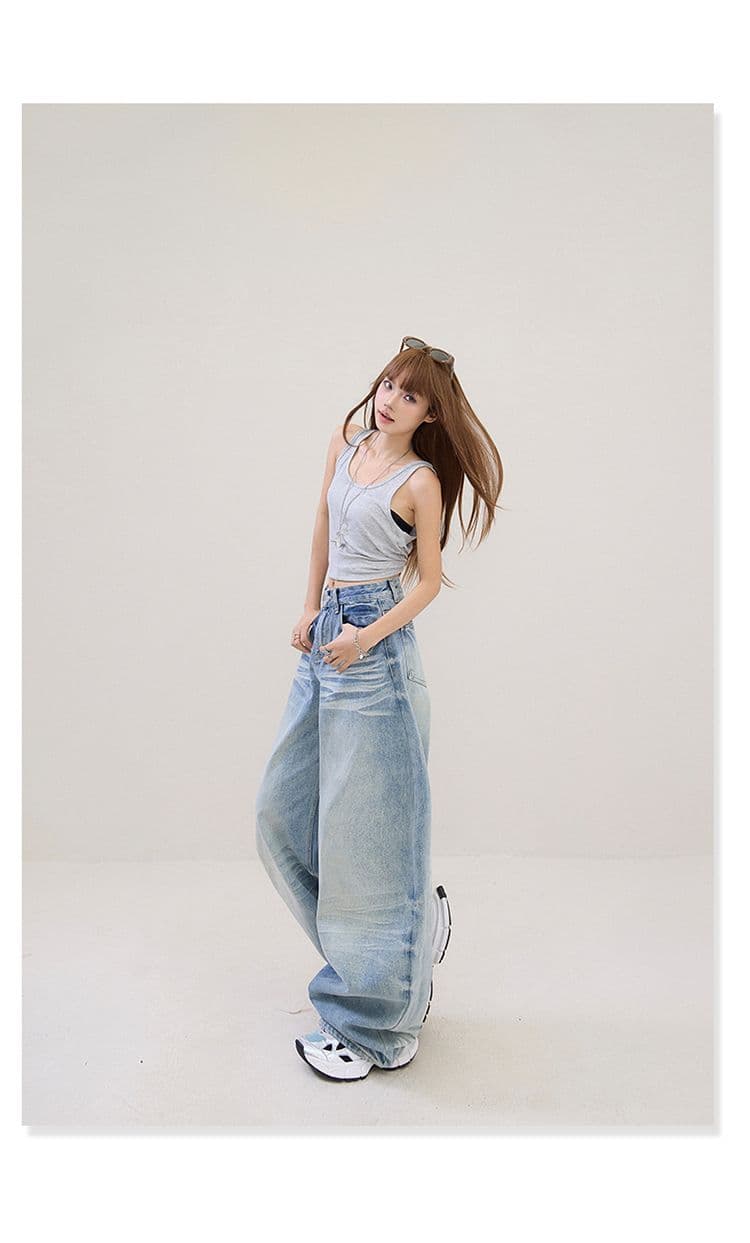 2 색 아메리칸 레트로 하이웨이스트 루즈핏 와이드 레그 팬츠 고양이 발톱 곡물 모통이 칼 바지 다용도 봄 여름 청바지 여성 새로운 상세 이미지 16