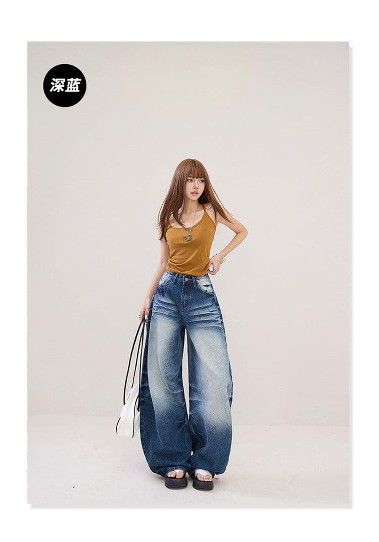 2 색 아메리칸 레트로 하이웨이스트 루즈핏 와이드 레그 팬츠 고양이 발톱 곡물 모통이 칼 바지 다용도 봄 여름 청바지 여성 새로운 상세 이미지 20
