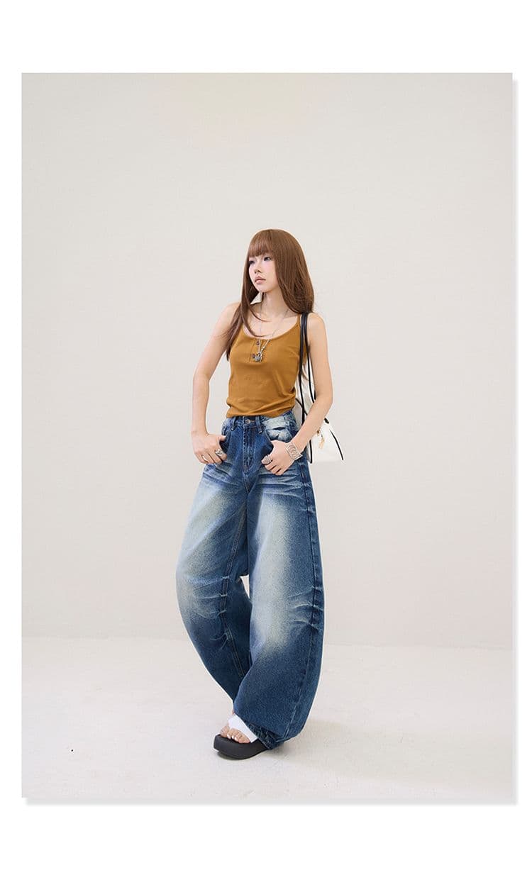 2 색 아메리칸 레트로 하이웨이스트 루즈핏 와이드 레그 팬츠 고양이 발톱 곡물 모통이 칼 바지 다용도 봄 여름 청바지 여성 새로운 상세 이미지 27
